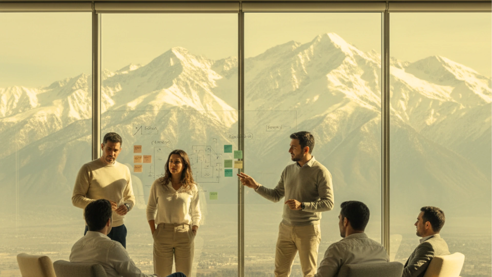Equipo diseñando una intervención con la Cordillera de fondo
